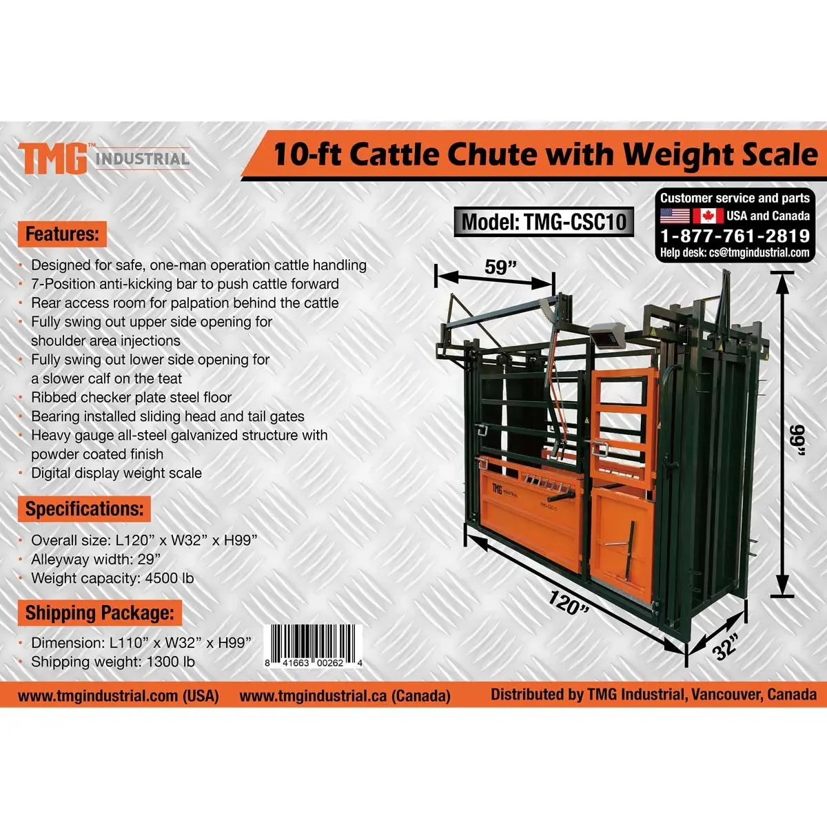 3m (10’) Cattle Work Chute, 2040 kg (4500 lb) Weight Scale, Side Exit, Upper/Lower Swing Openings, TMG‑CSC10 - Image 13