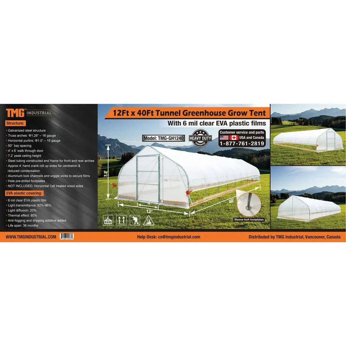 3.7 x 12 m Tunnel Greenhouse Grow Tent with 6 Mil Clear EVA Film, Roll-Up Sides, TMG-GH1240 - Image 15