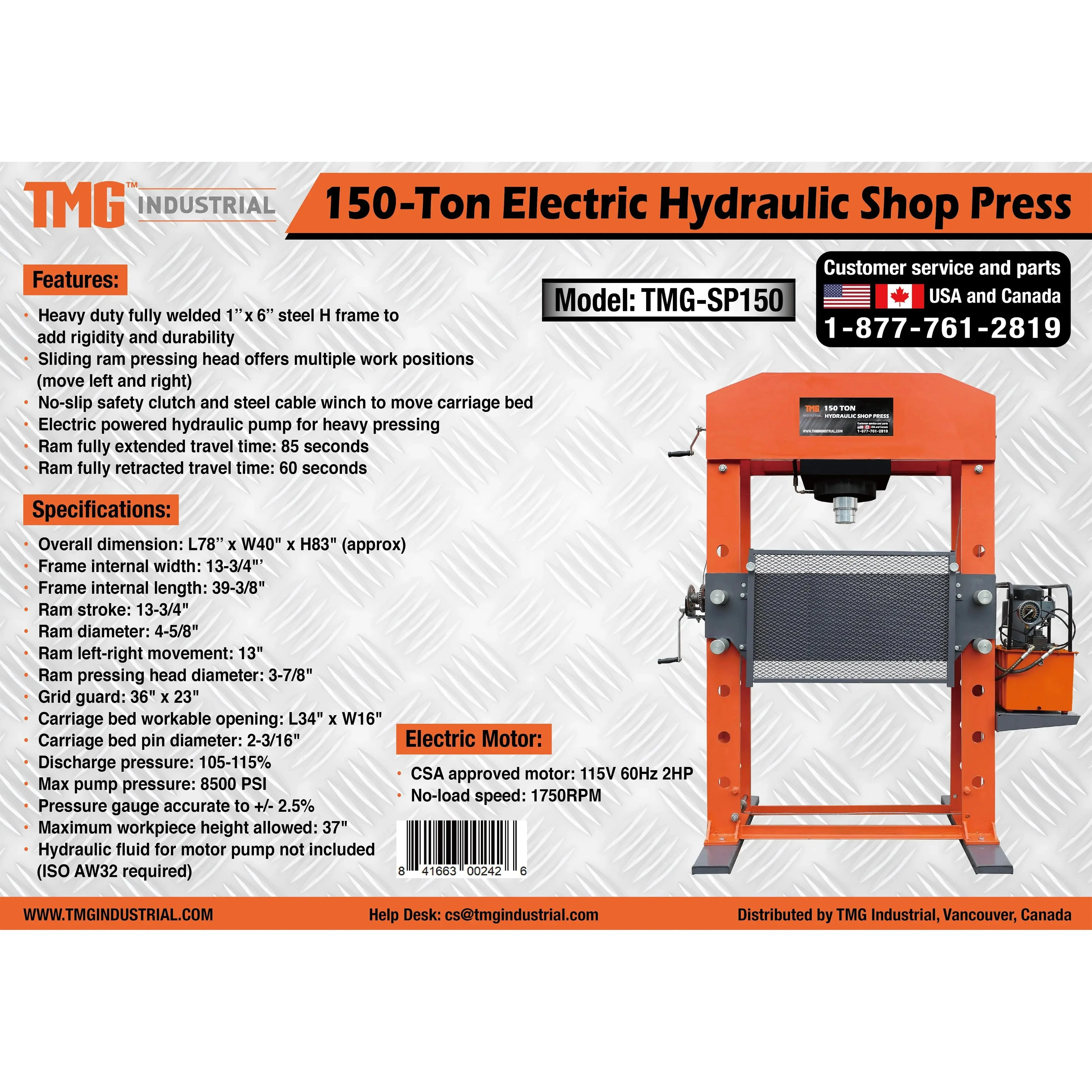 150 Ton Electric Hydraulic Shop Press, 8500 PSI Heavy Duty Pressing, TMG-SP150 - Image 6