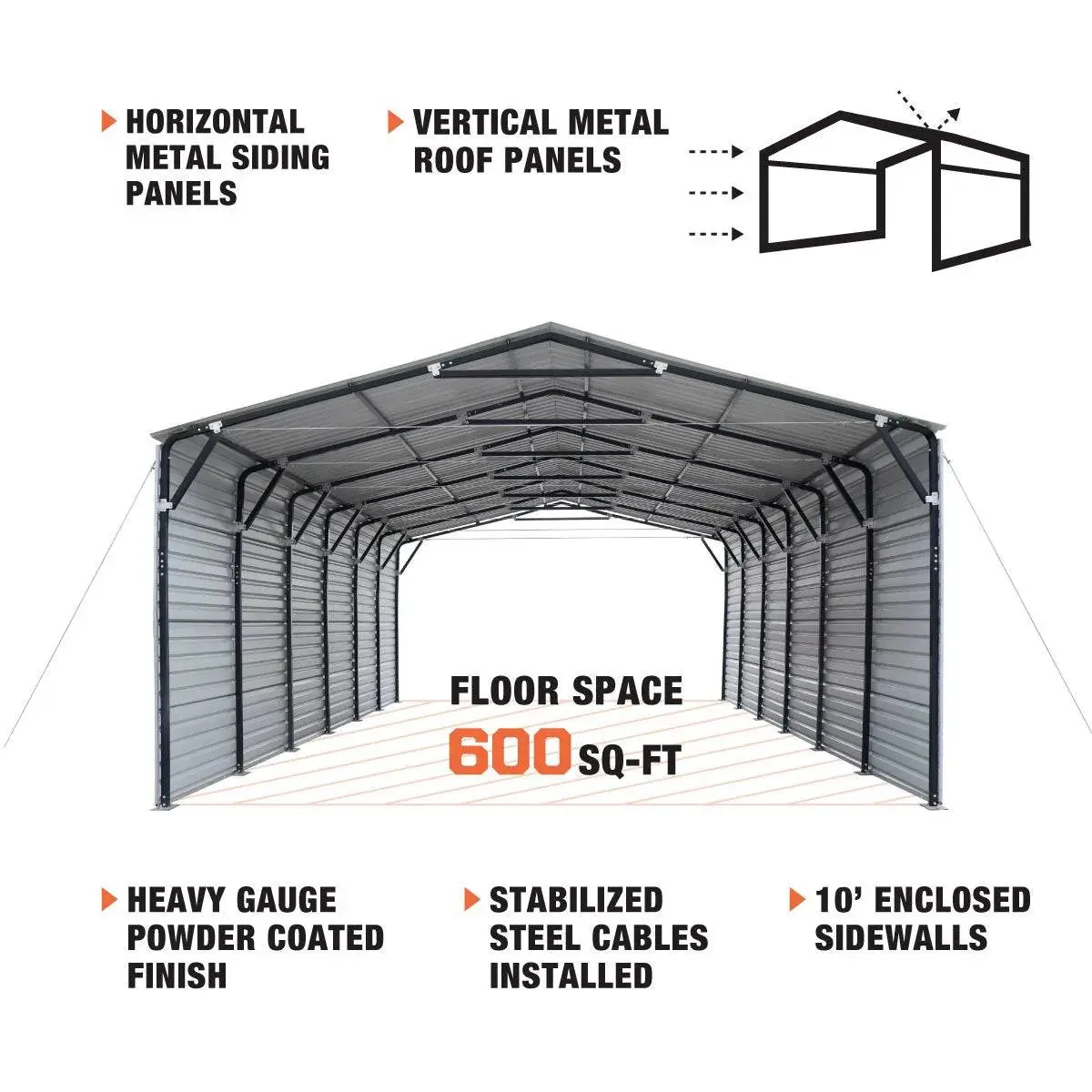 6 × 9 m Metal Shed Carport with 2.9 m Enclosed Sidewalls, 3.8 m Peak Height, TMG-MSC2030F - Image 4