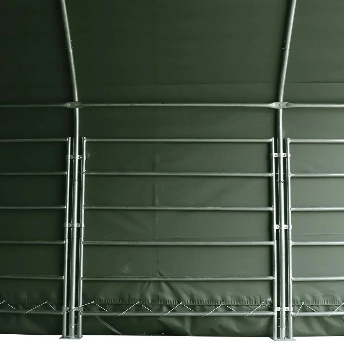 20’ x 20’ Livestock Corral Shelter, Powder Coated Structure, 12’ Dome Roof, 17 oz Military Green PVC Fabric Covering, 6-Bar Corral Panels, 5’ Front Swing Gate, TMG-ST2020L - Image 10