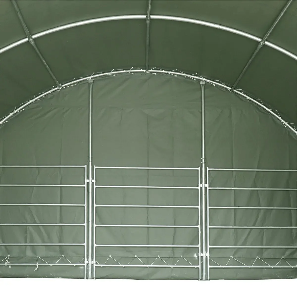 20’ x 20’ Livestock Corral Shelter, Powder Coated Structure, 12’ Dome Roof, 17 oz Military Green PVC Fabric Covering, 6-Bar Corral Panels, 5’ Front Swing Gate, TMG-ST2020L - Image 11