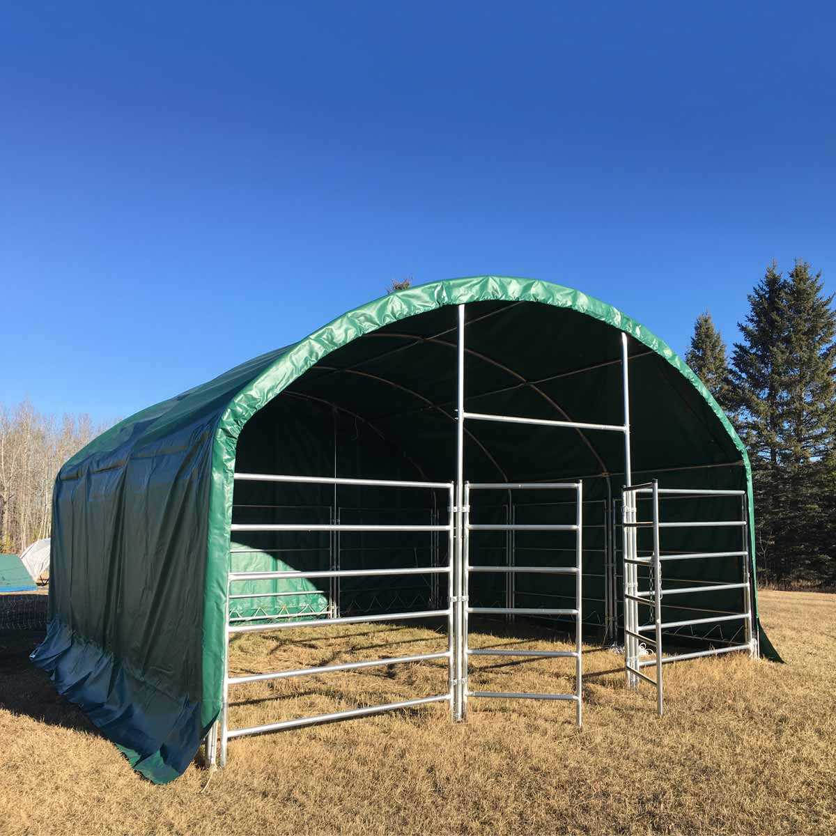 20’ x 20’ Livestock Corral Shelter, Powder Coated Structure, 12’ Dome Roof, 17 oz Military Green PVC Fabric Covering, 6-Bar Corral Panels, 5’ Front Swing Gate, TMG-ST2020L - Image 3