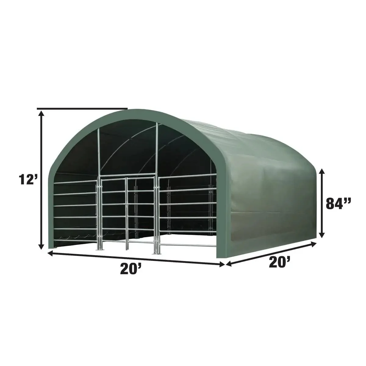 20’ x 20’ Livestock Corral Shelter, Powder Coated Structure, 12’ Dome Roof, 17 oz Military Green PVC Fabric Covering, 6-Bar Corral Panels, 5’ Front Swing Gate, TMG-ST2020L - Image 4