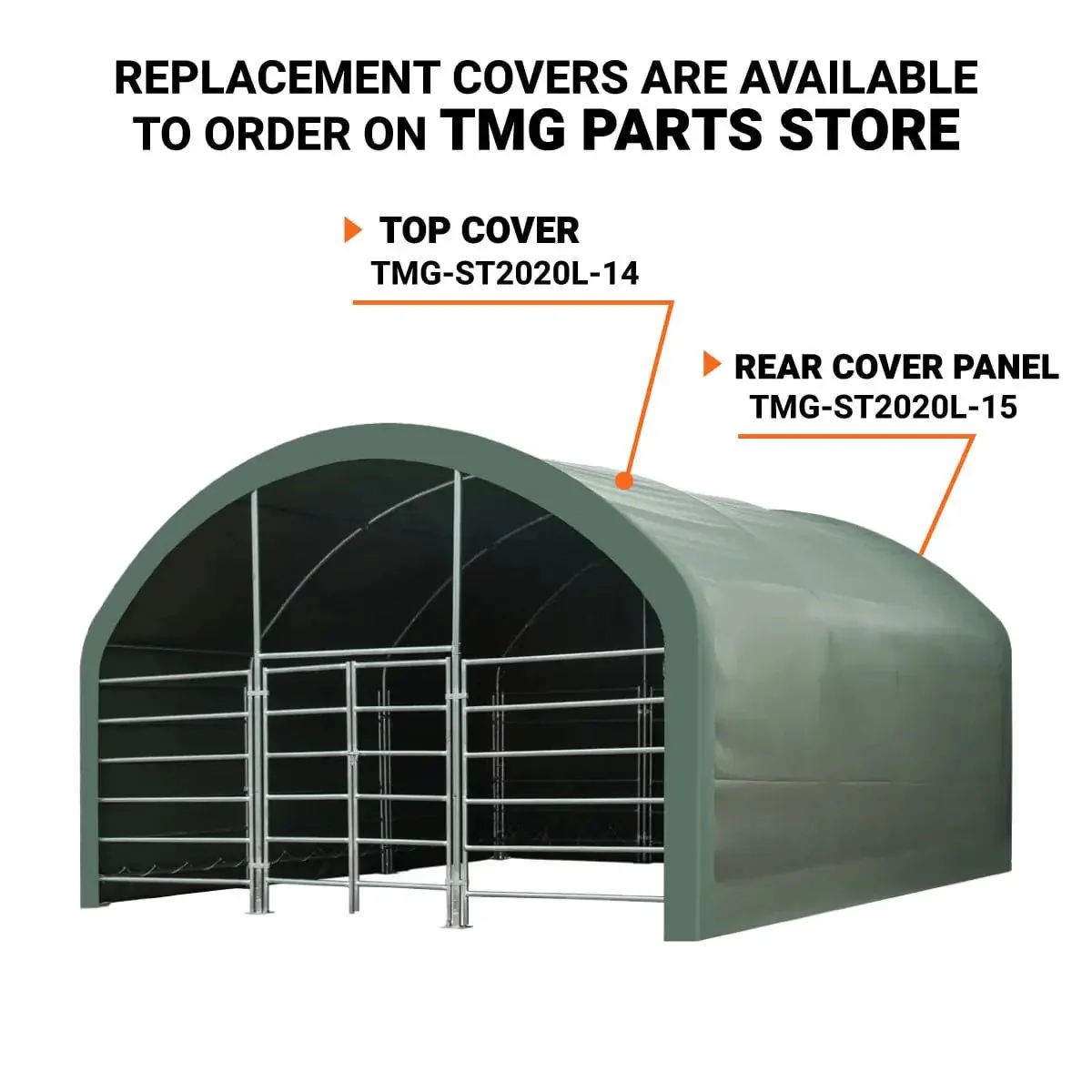 20’ x 20’ Livestock Corral Shelter, Powder Coated Structure, 12’ Dome Roof, 17 oz Military Green PVC Fabric Covering, 6-Bar Corral Panels, 5’ Front Swing Gate, TMG-ST2020L - Image 5