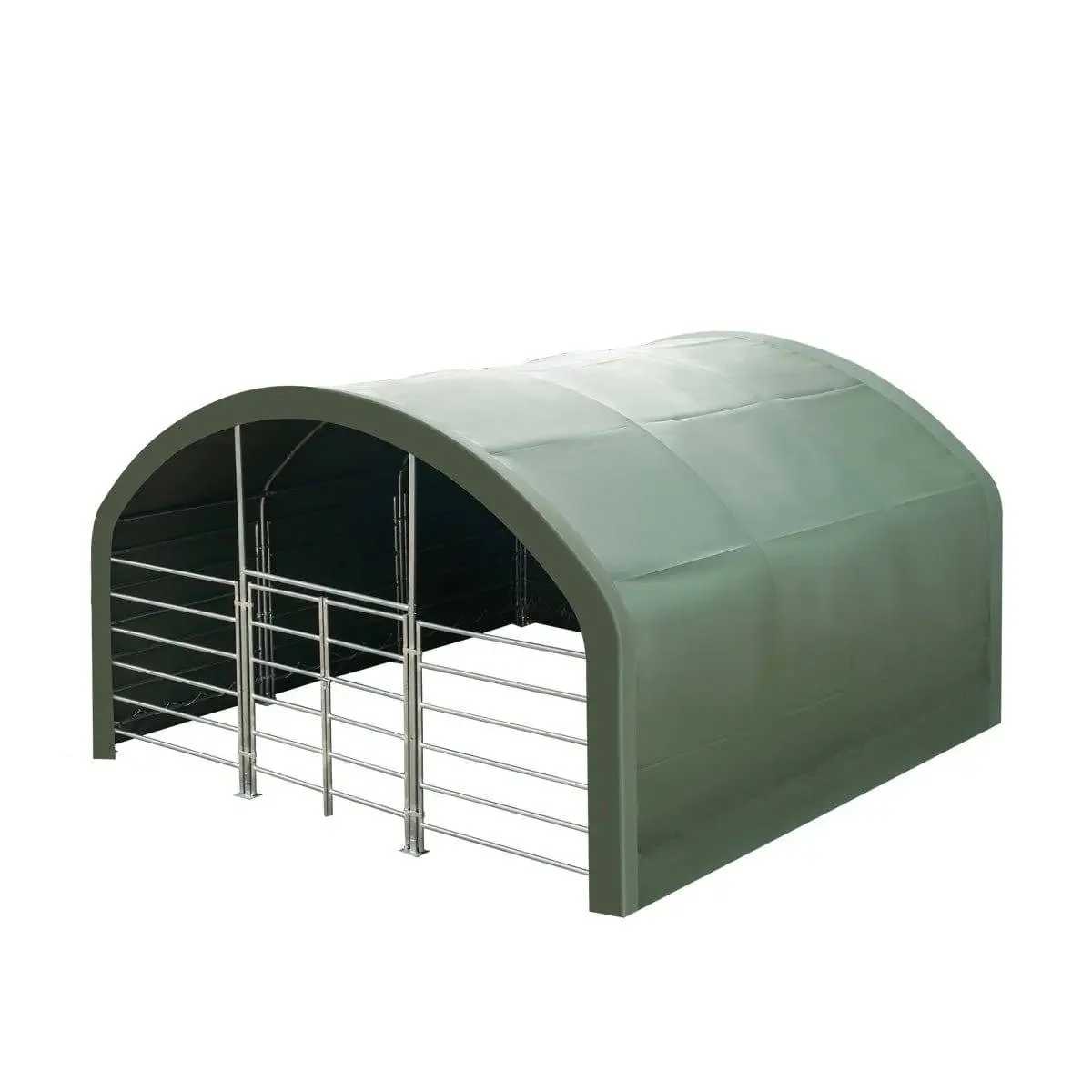 20’ x 20’ Livestock Corral Shelter, Powder Coated Structure, 12’ Dome Roof, 17 oz Military Green PVC Fabric Covering, 6-Bar Corral Panels, 5’ Front Swing Gate, TMG-ST2020L - Image 9