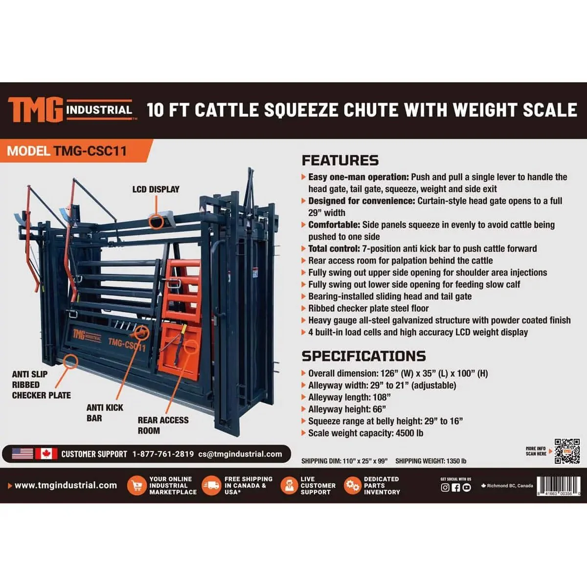 3 m (10′) Squeeze Cattle Work Chute, 2040 kg (4500 lb) Weight Scale, Side Exit, Side Squeeze, LCD Weight Display, TMG‑CSC11 - Image 7