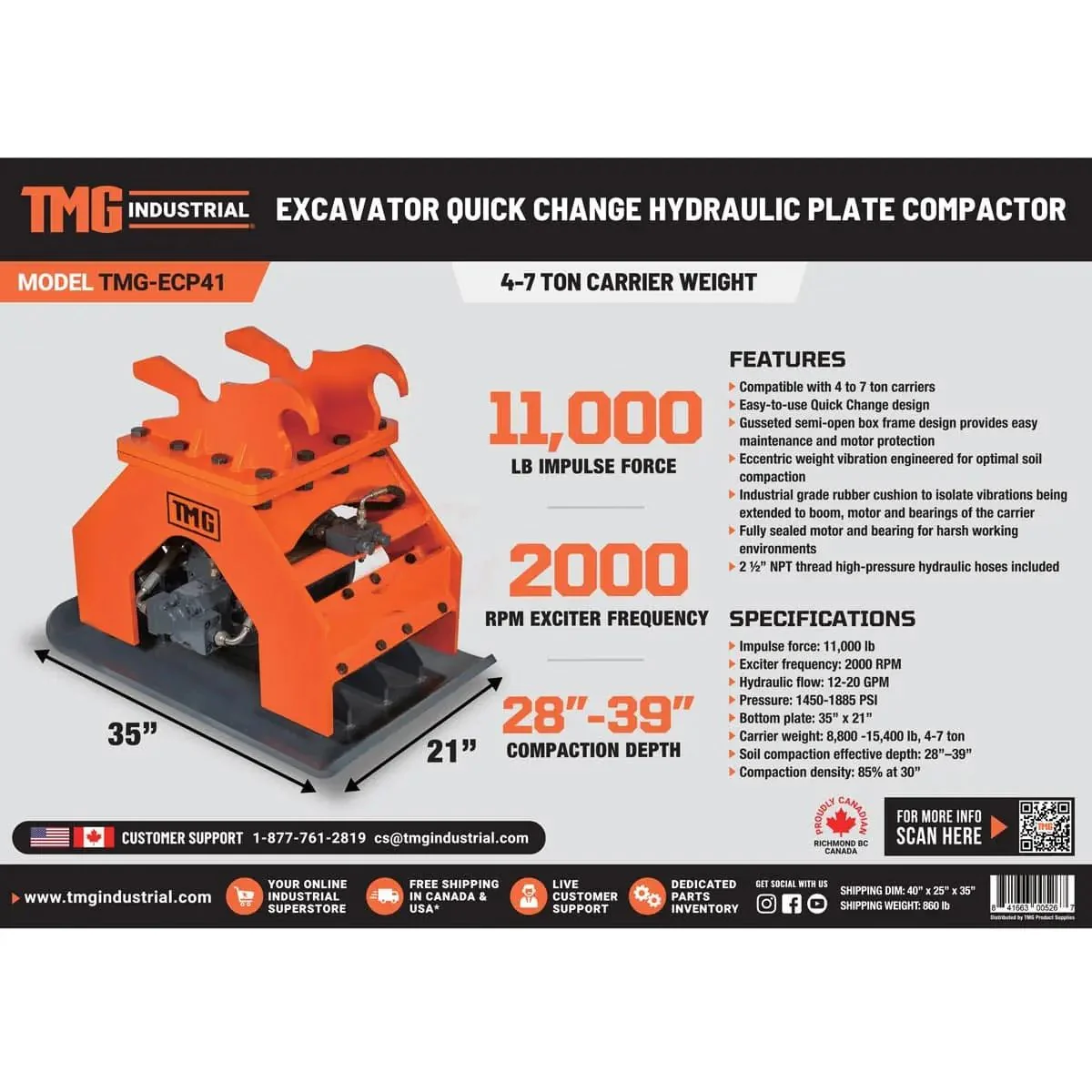50 kN Hydraulic Plate Compactor for 4–7 Ton Excavators, Quick Change Lugging Mount, TMG-ECP41 - Image 13