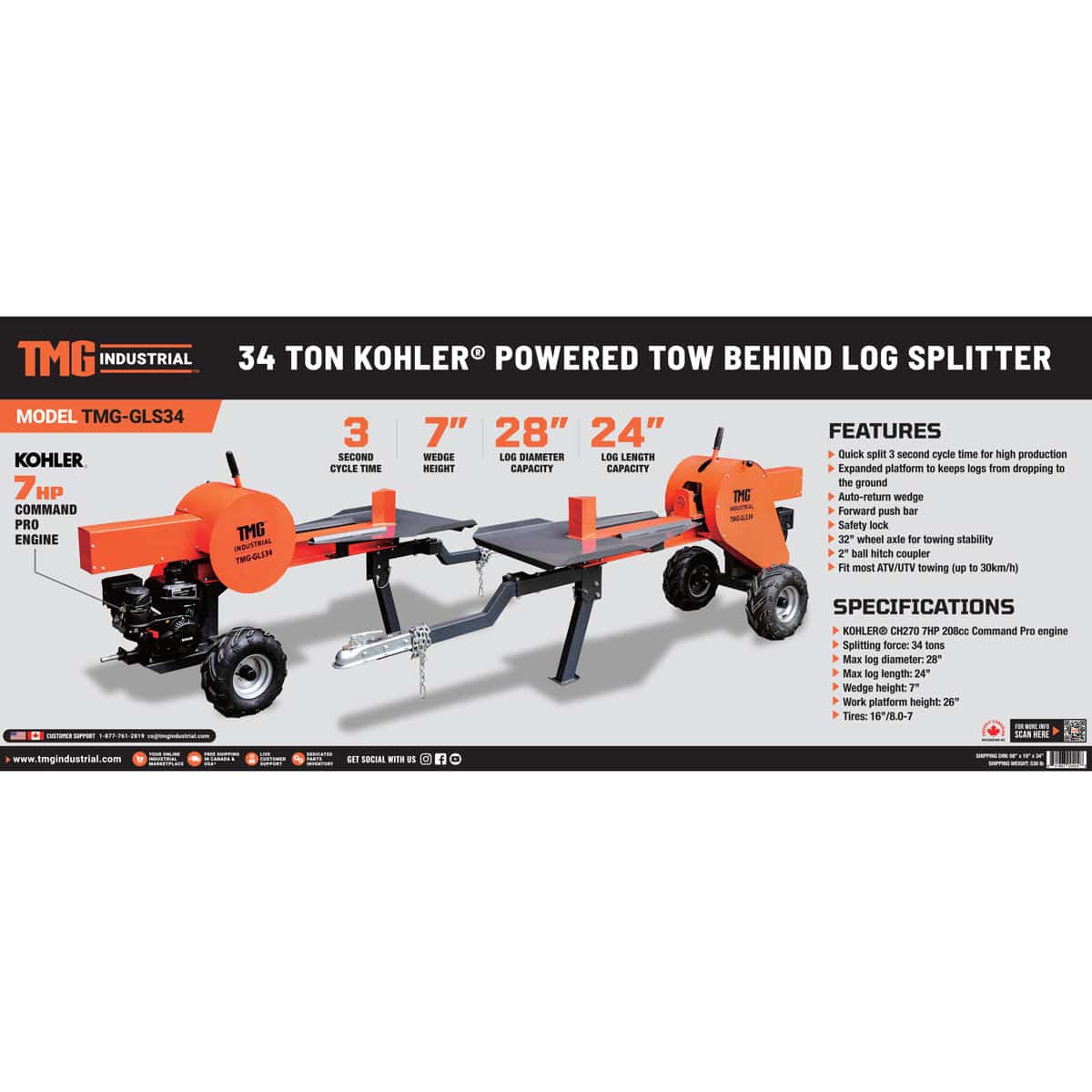 34 Ton ATV/UTV Tow-Behind Log Splitter, 710 mm (28″) Cutting Capacity, Kohler 7 HP Engine, TMG-GLS34 - Image 14