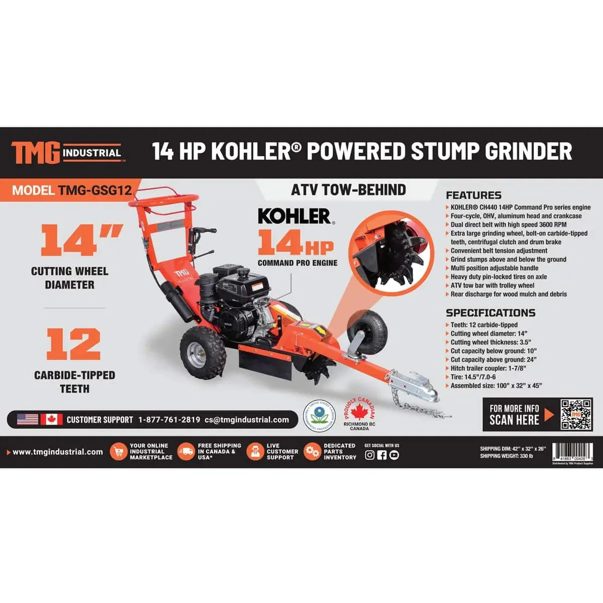 KohlerPowered Walk Behind & Tow Behind Stump Grinder, 12 Carbide Teeth, 610 mm (24″) Cutting Capacity, 14 HP Engine, TMG-GSG12 - Image 12