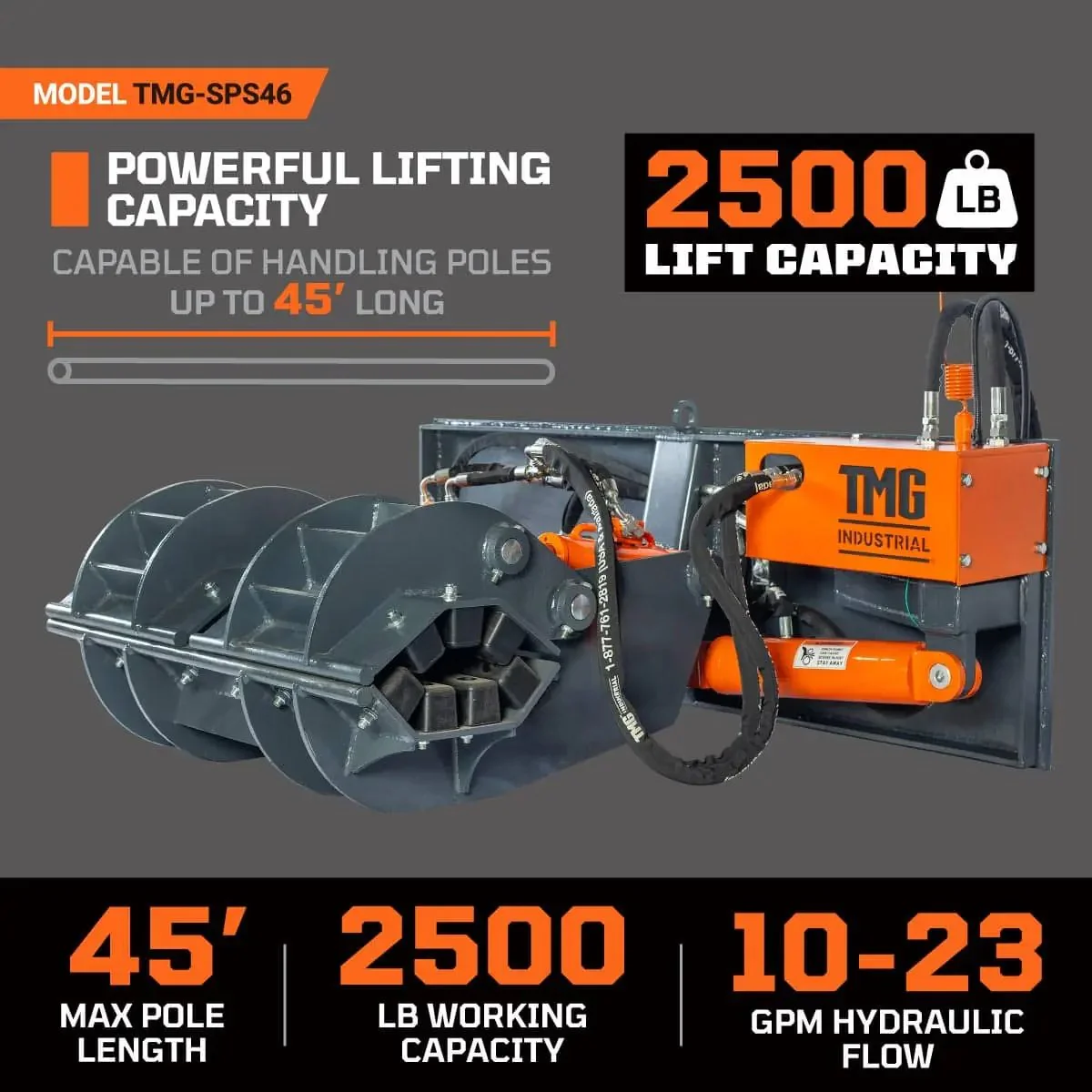 1134 kg (2500 lb) Skid Steer Pole Setter, 13.7 m (45′) Pole Capacity, 0° - 100° Claw Rotation, TMG‑SPS46 - Image 3