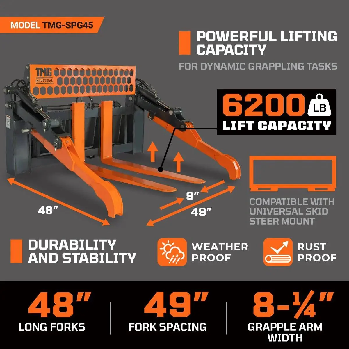 1.2 m Skid Steer Pallet Fork Pipe Grapple, Dual Hydraulic Cylinders, 2700kg Capacity, TMG-SPG45 - Image 3