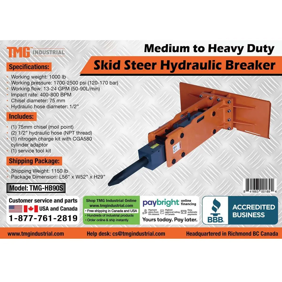Hydraulic Breaker for 45–100 HP Skid Steers, Universal Mount, TMG-HB90S - Image 14
