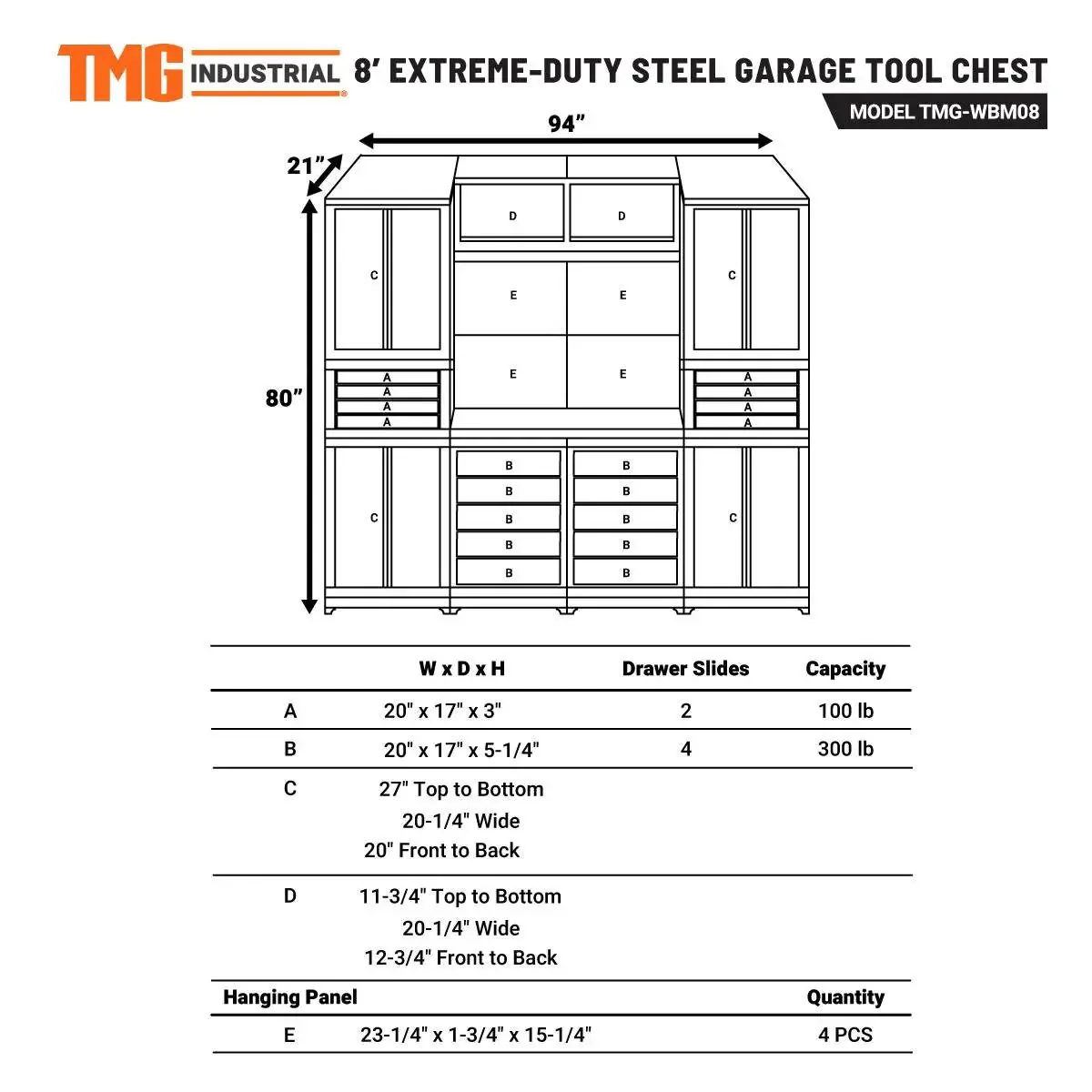 2.4m Steel Garage Cabinet with Workbench, Pegboard and LED Lighting, TMG-WBM08 - Image 13