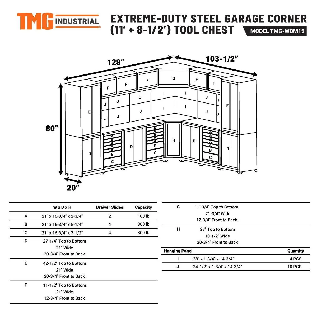 3.5m+2.6m L-Shaped Steel Garage Cabinet with Workbench, Pegboard and LED Lighting, TMG-WBM15 - Image 15