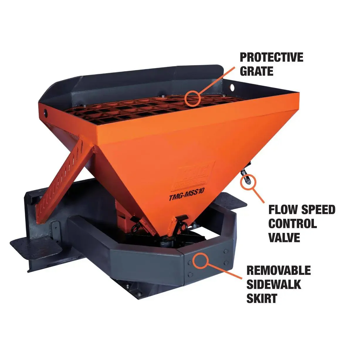 Skid Steer Tilt‑N‑Scoop Material Spreader, 283 L (10 Cu-ft) Capacity, 9.1 m (30’) Spread Range, TMG‑MSS10 - Image 3