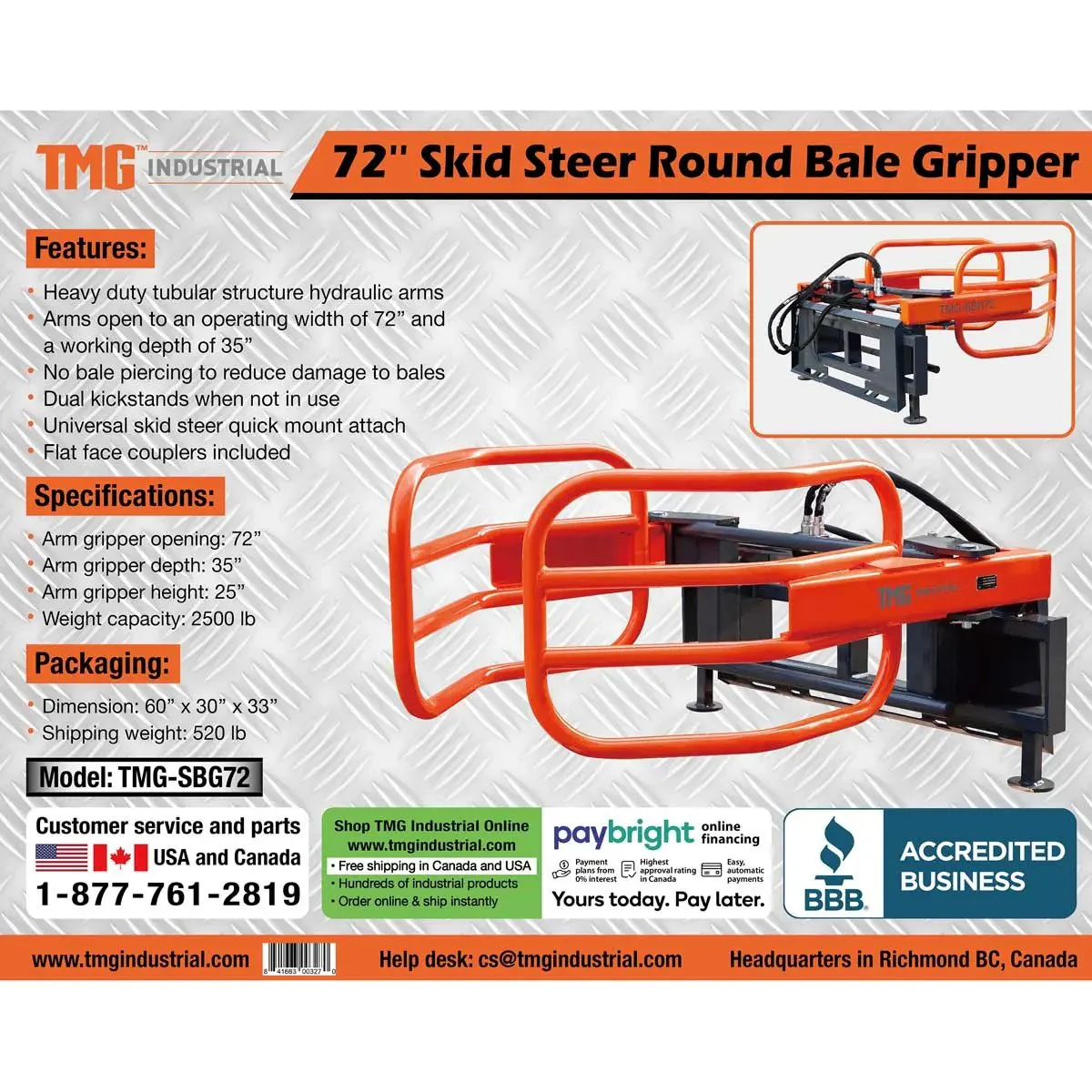 1800 mm (72") Skid Steer Hydraulic Round Bale Gripper / Squeeze Grapple, 1000 kg (2200 lb) Capacity, Universal Mount, TMG-SBG72 - Image 7