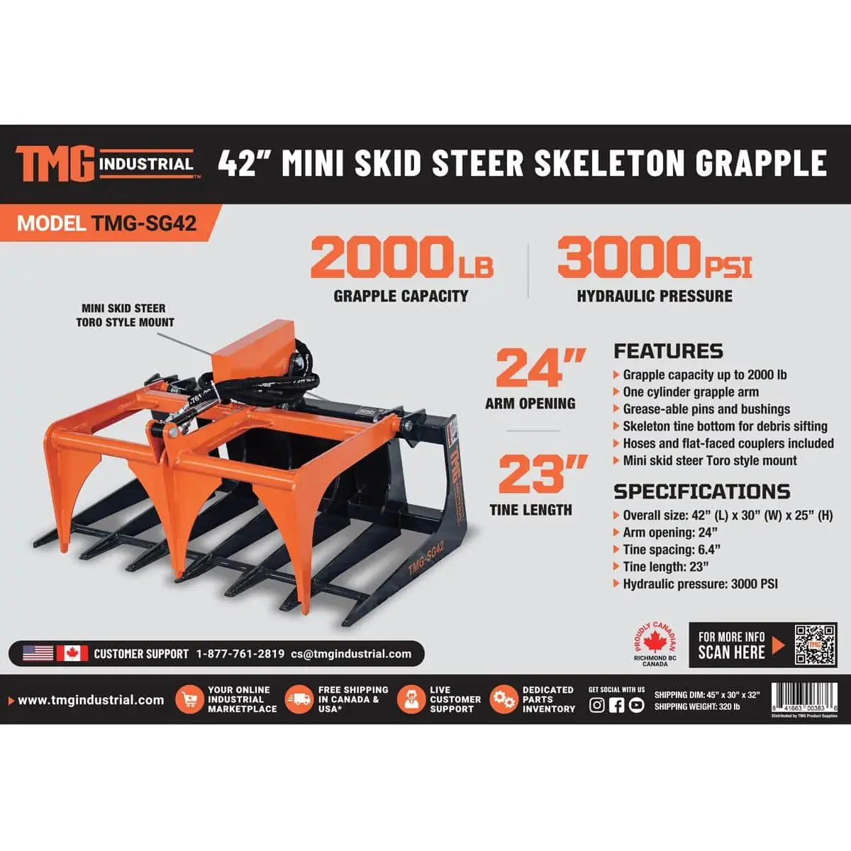 1070 mm (42") Mini Skid Steer Skeleton Grapple Attachment, Toro Style Mount, TMG-SG42 - Image 9