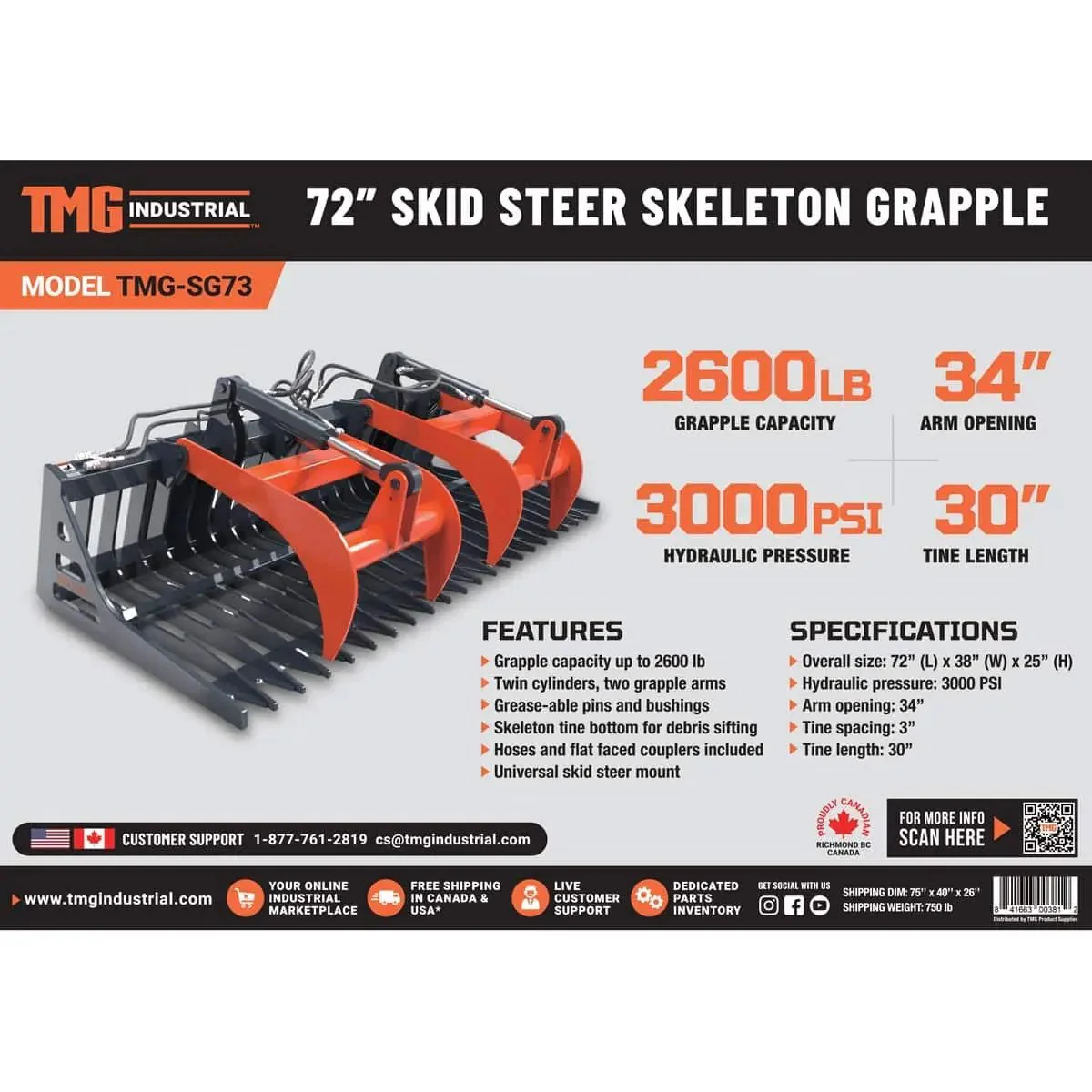 1830 mm (72") Skid Steer Skeleton Grapple Attachment, Universal Mount, TMG-SG73 - Image 15