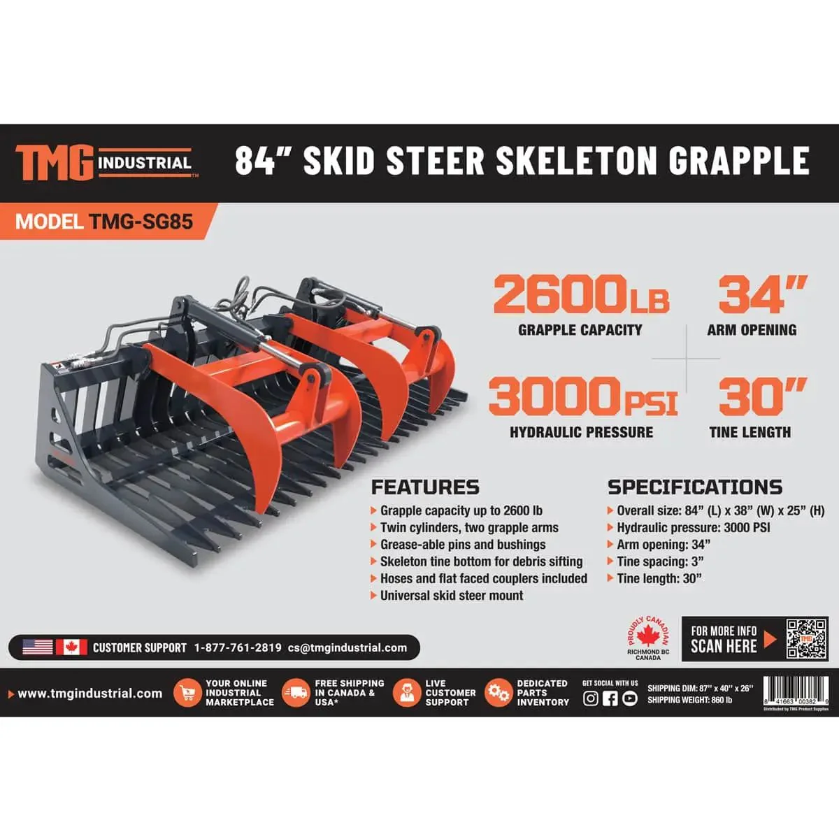 2130 mm (84") Skid Steer Skeleton Grapple Attachment, Universal Mount, TMG-SG85 - Image 15