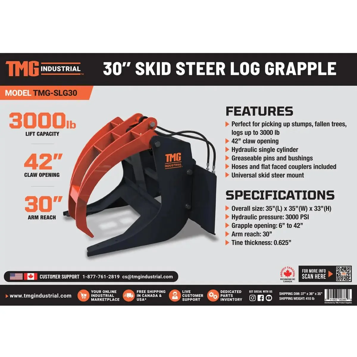 760 mm (30") Log Grapple Attachment for Skid Steers & Tractors, 1360 kg (3000 lb) Capacity, TMG-SLG30 - Image 14