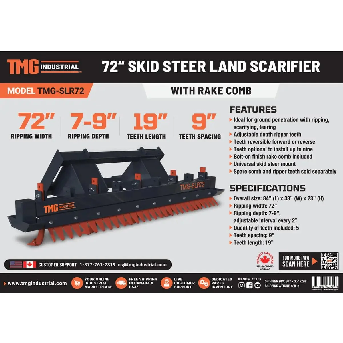 1830mm Skid Steer Land Ripper w/Rake Comb, Universal Mount TMG-SLR72 - Image 11