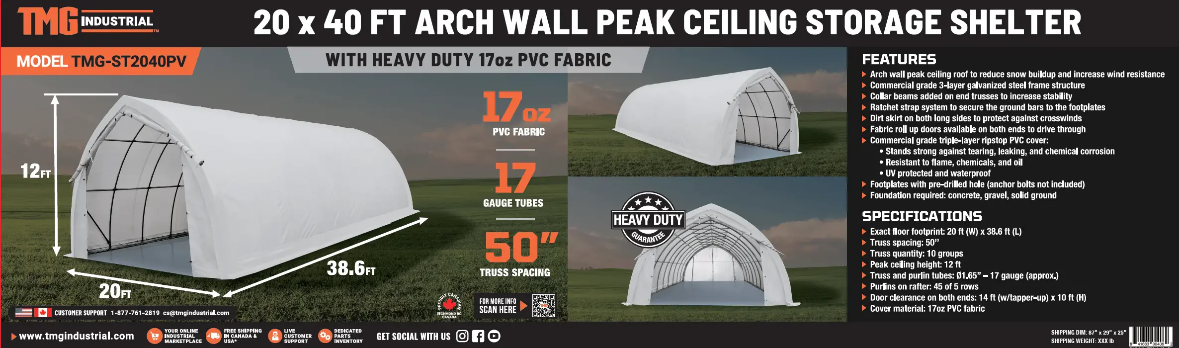 6 x 12 m Arch Wall Peak Ceiling Storage Shelter with Heavy Duty PVC Fabric Cover, TMG-ST2041PV - Image 12