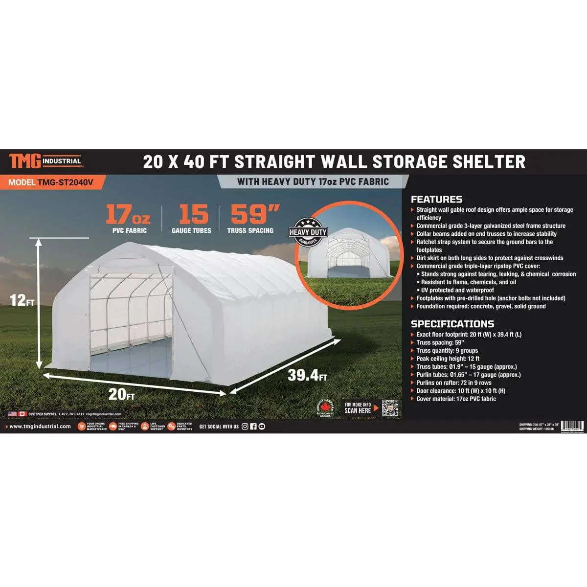 6 x 12 m Straight Wall Peak Ceiling Storage Shelter with Heavy Duty PVC Fabric Cover, TMG-ST2041V - Image 14
