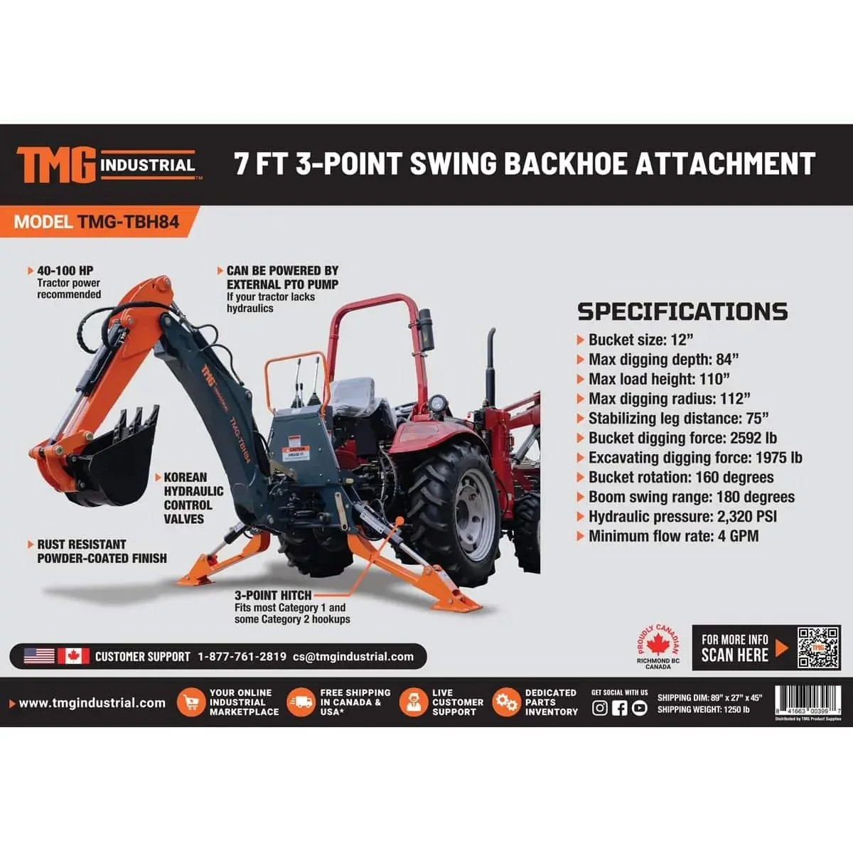 2200 mm (7’) 3-Point Hitch Swing Backhoe Attachment, Category 1 & 2, 40 - 100 HP Tractor TMG-TBH84 - Image 8